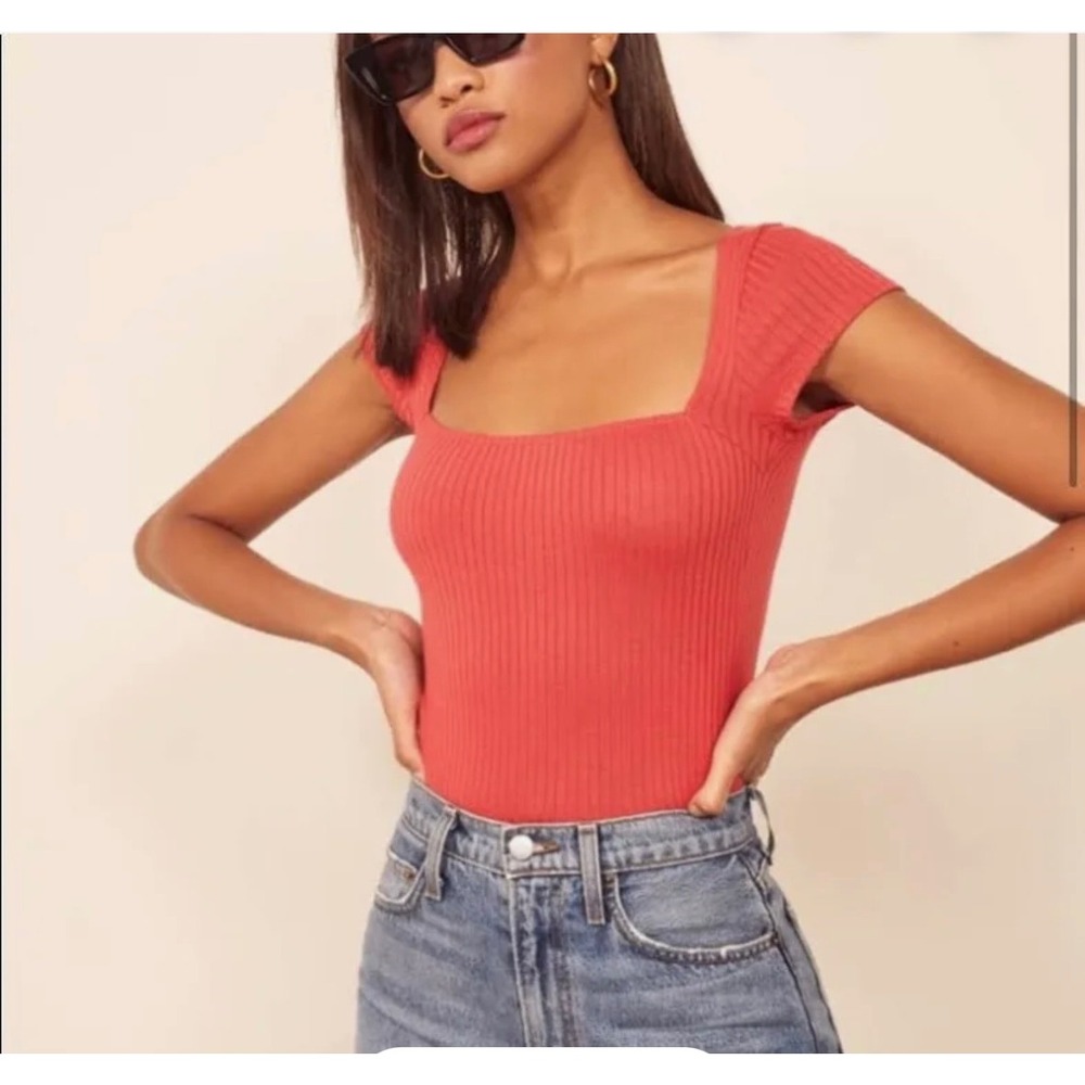 REFORMATION Bardot Red Ribbed Square Neck Short Sleeve Top M